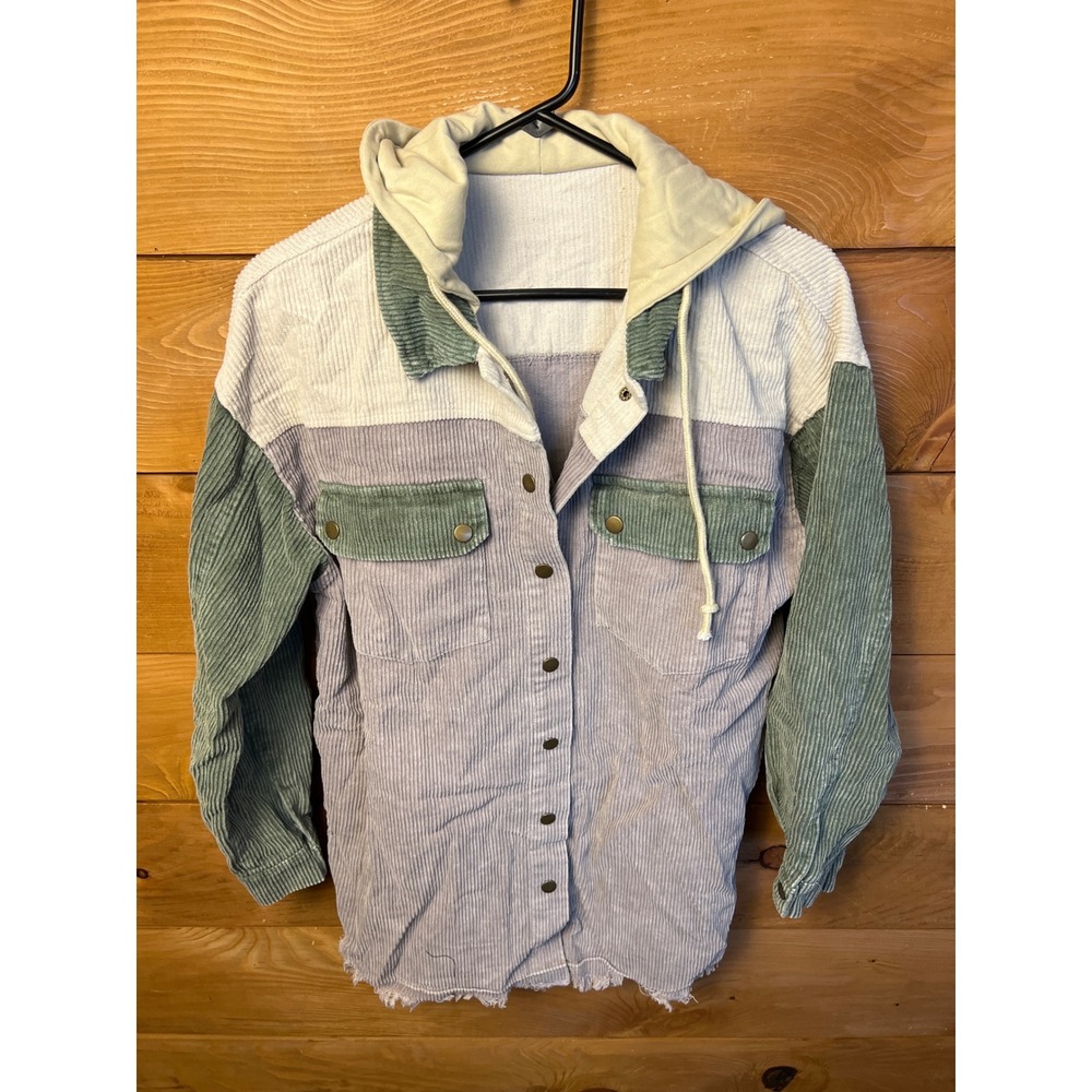 Hooded Corduroy Shirt Jacket Color Block Frayed Hem Large‎ Women's Shacket Retro